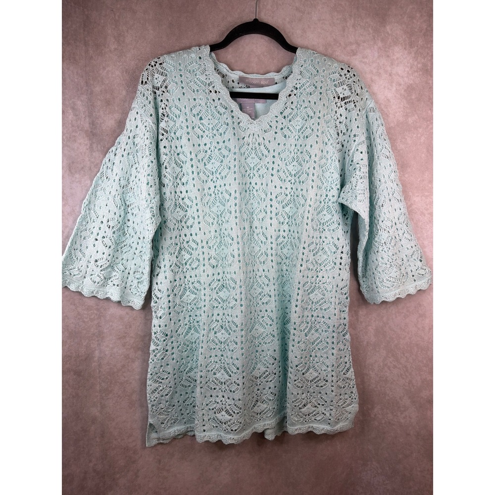 NWT Modern Soul Aqua Blue Crochet Knit Sweater & Tank Set Size M Bell 3/4 Sleeve